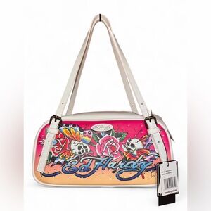 Ed Hardy White Satchel with Rhinestones Skull, Floral, Butterfly design